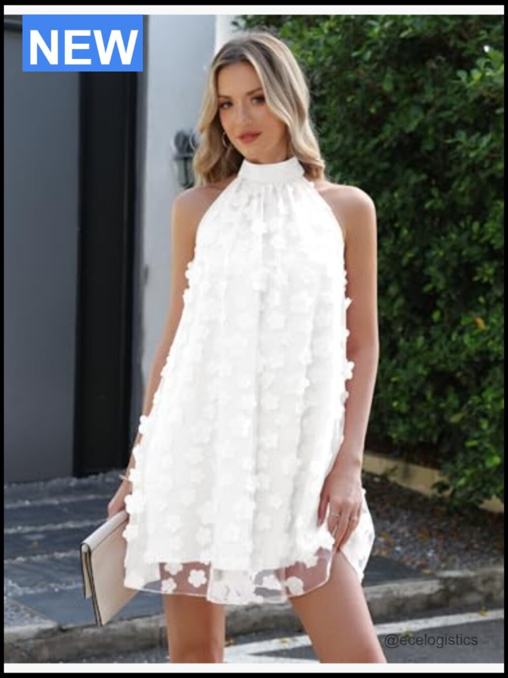 Halter Tulle Floral Mini Dress - A-Line Sleeveless - Picture 5 of 7